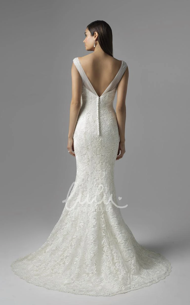 V-Neck Trumpet Lace Wedding Dress Sleeveless Long V-Back