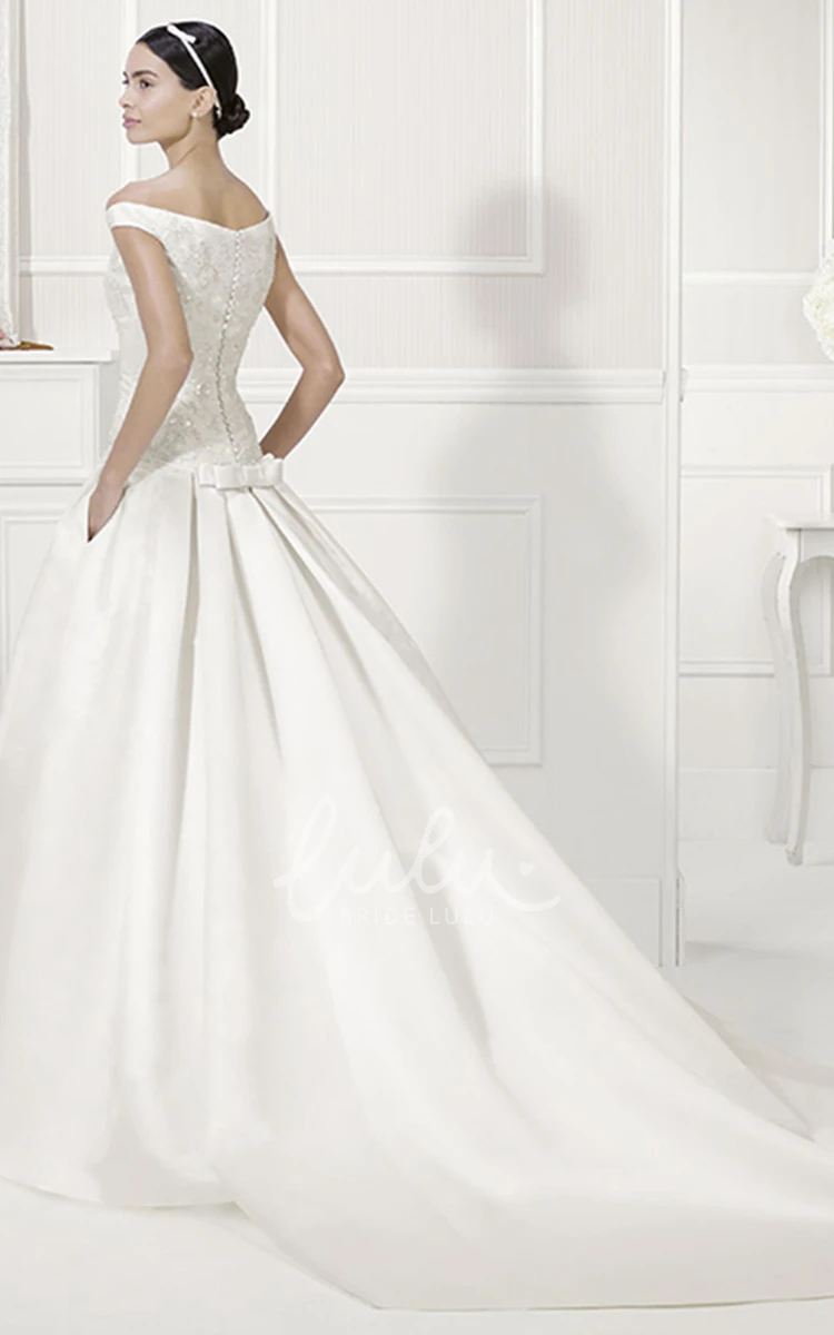 Off Shoulder Satin Bridal Ball Gown with Bow Sash Drop Waist Elegant Wedding Dress