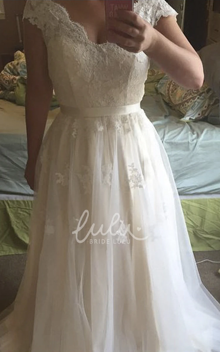 Lace Bodice A-Line Tulle Gown with Scalloped Neckline and Cap Sleeves