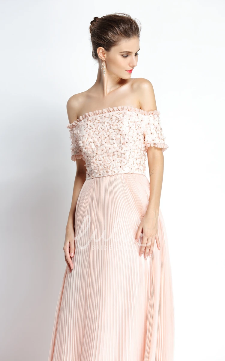 A-Line Off-the-shoulder Chiffon Prom Dress with Beading Knee-length Short Sleeve