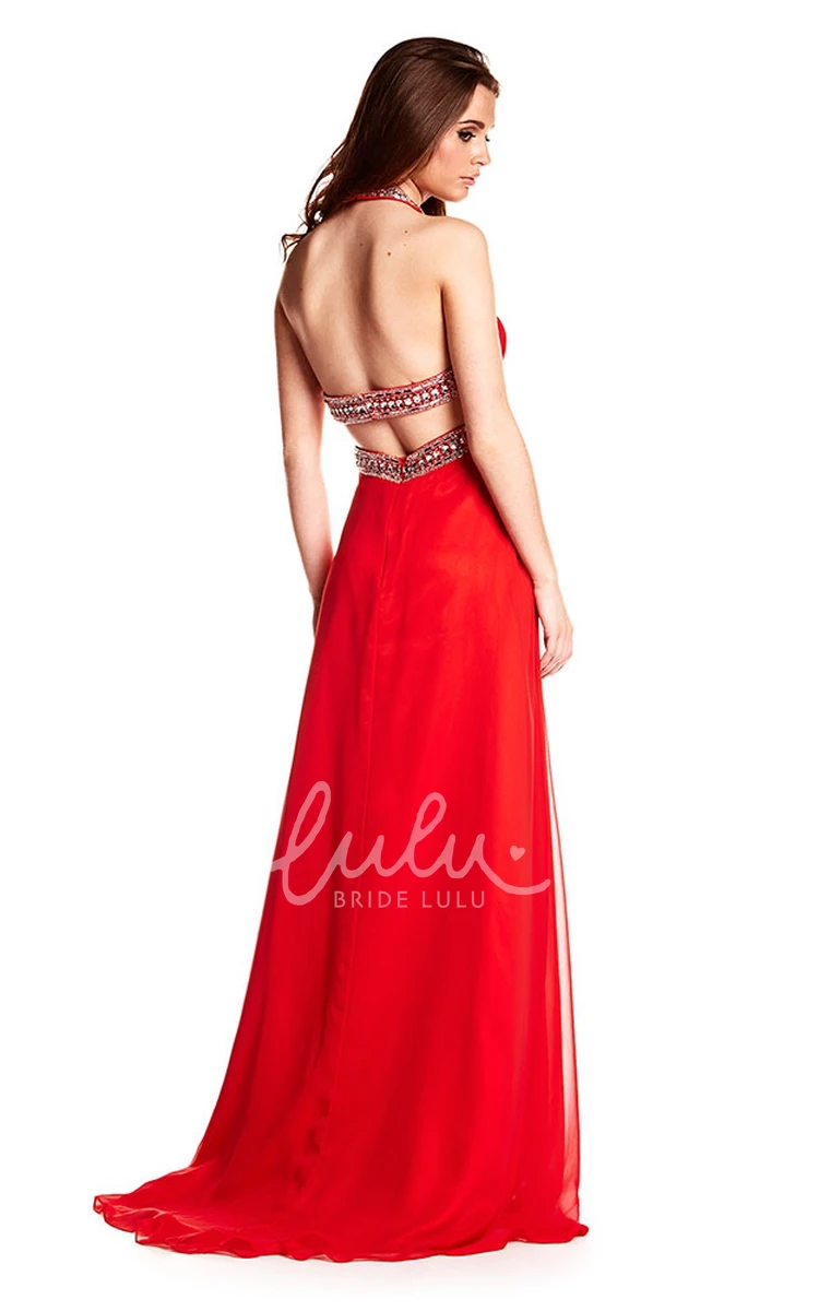 Maxi Beaded Chiffon Prom Dress Sleeveless Halter Brush Train