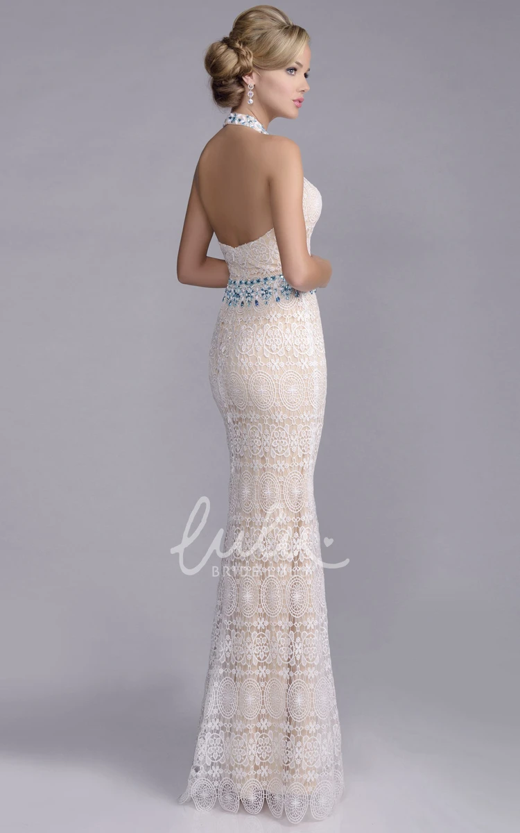 Halter Sheath Lace Prom Dress with Rhinestones Neck and Waist