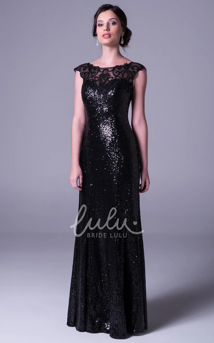 Appliqued Cap-Sleeve Sequin Prom Dress Sheath Floor-Length