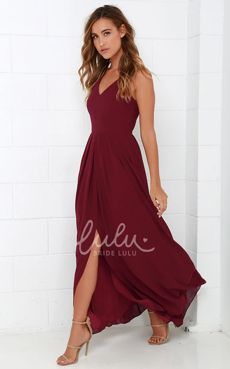 Front Split Chiffon A-line Prom Dress with V-neck