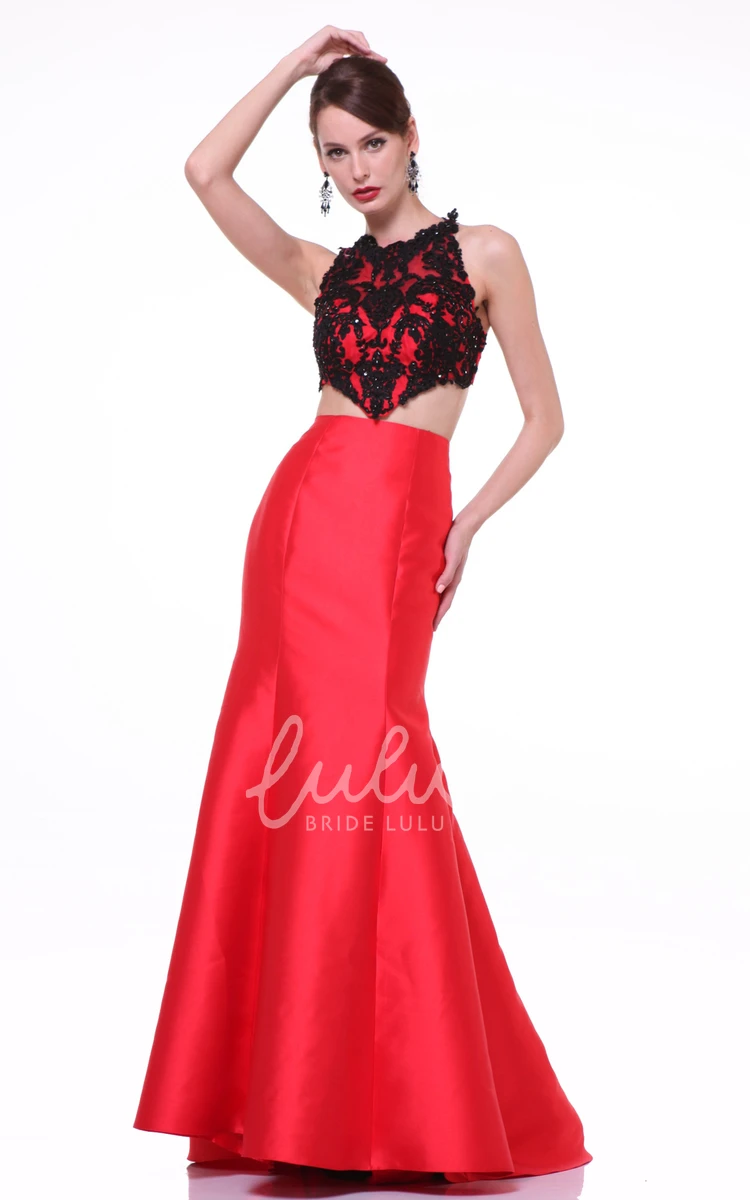 Jewel-Neck Sleeveless Satin Formal Dress with Appliques Sheath Style