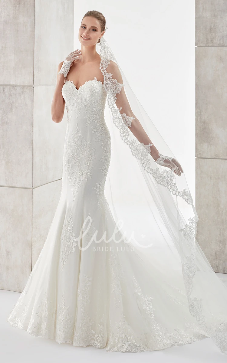 Sheath Mermaid Wedding Dress with Sweetheart Neckline Lace Appliques and Detachable Illusion Lace Modern Bridal Gown