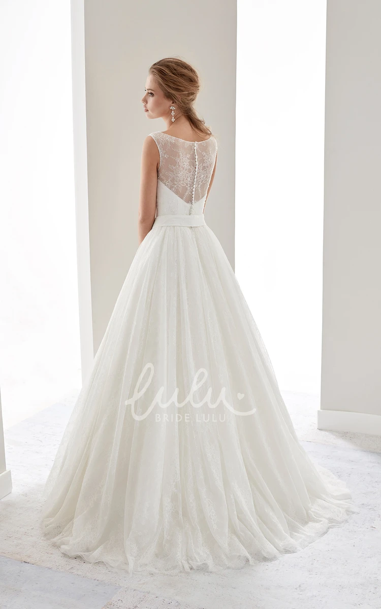 Jewel Neckline Draping Wedding Dress with Flower Waist and Illusion Cap Sleeves