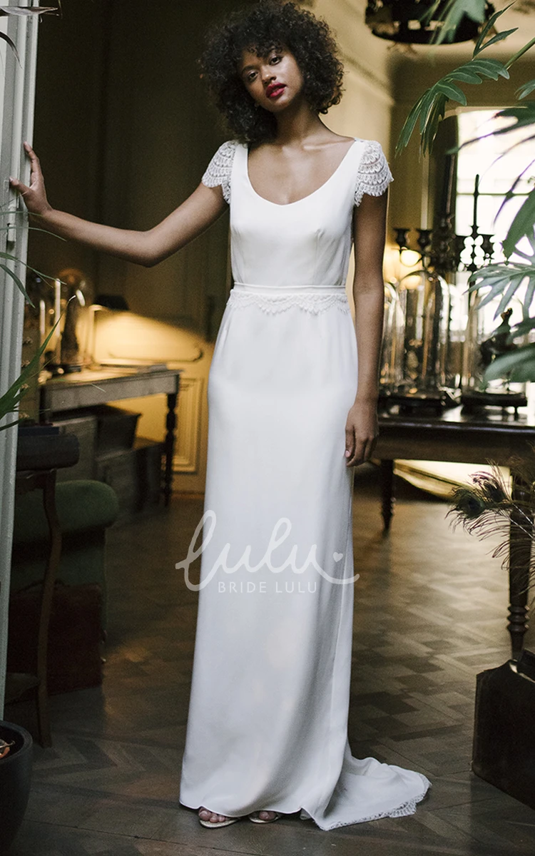 Highend Sheath Satin and Lace Wedding Dress with Scoop Neck and Sash Classy Bridal Gown