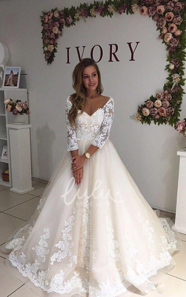 Off-shoulder Lace Tulle Wedding Dress with Low-V Back Ball Gown