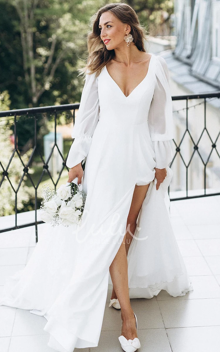 Chiffon Plunging Neckline Wedding Dress with Split Front Sexy & Flowy A-Line