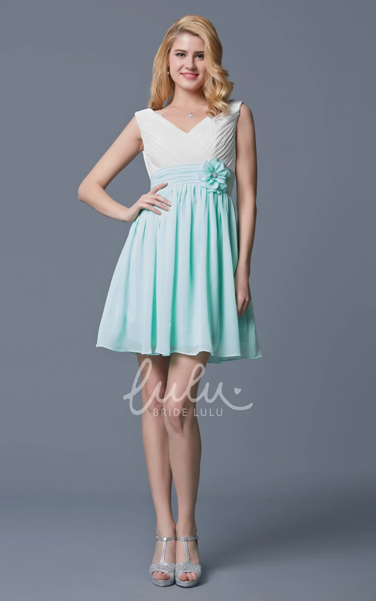 A-line Sleeveless Pleated Chiffon Bridesmaid Dress With Flower Belt Short Classy Unique