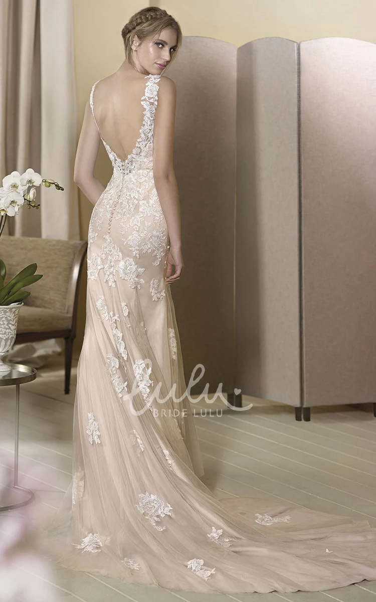 Beaded Tulle&Lace Square-Neck Sheath Wedding Dress