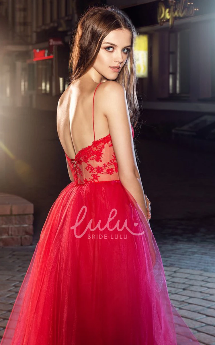 Tea-Length Tulle Lace A-Line Dress With Spaghetti Straps