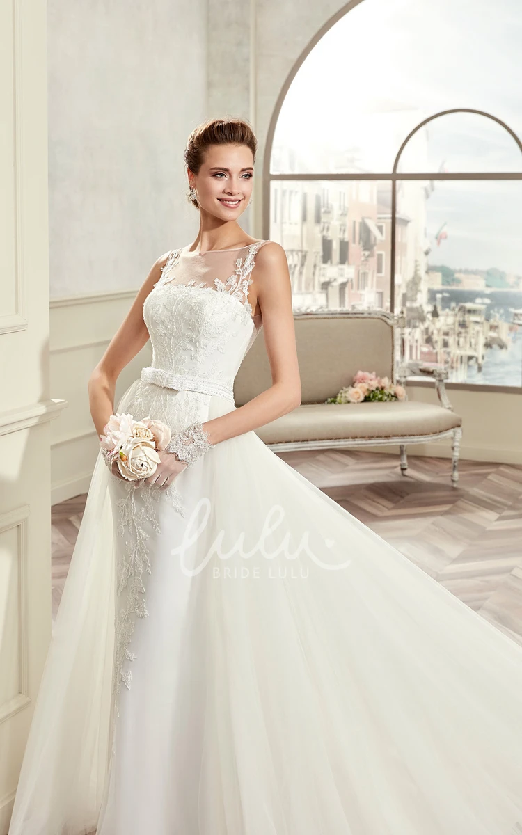 Lace A-Line Wedding Dress with Cap Sleeves and Brush Train Illusive Design