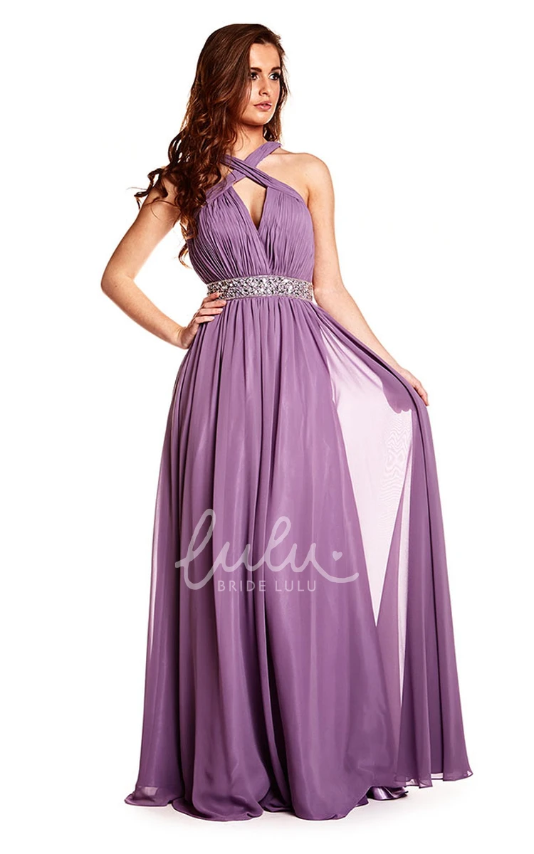 Halter Chiffon Prom Dress with Ruched Bodice Sleeveless