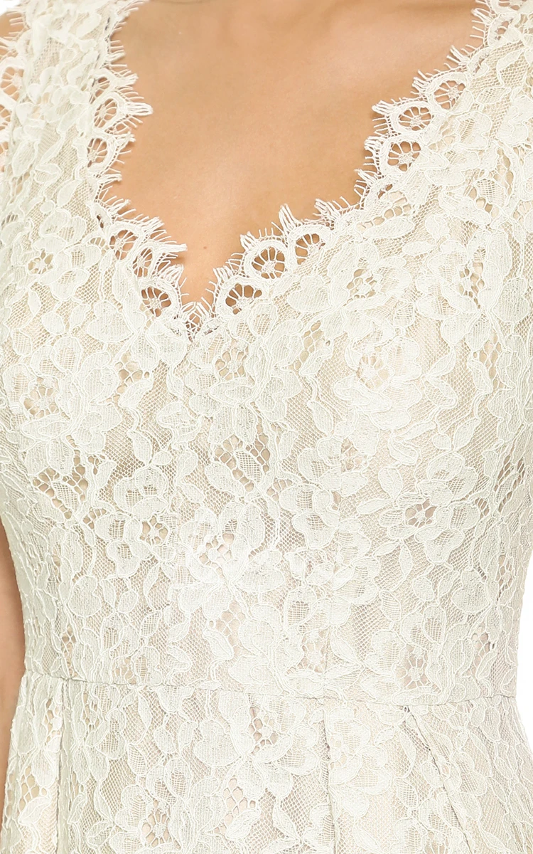 Lace Sheath Dress with Side Draping and Low V-Neckline for Weddings