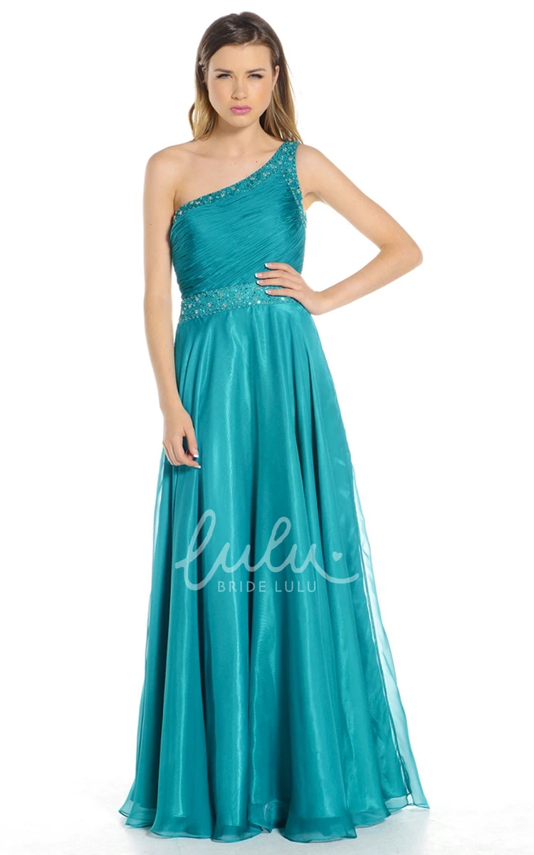Chiffon One-Shoulder Ruched Sleeveless Prom Dress with Straps Flowy Prom Dress