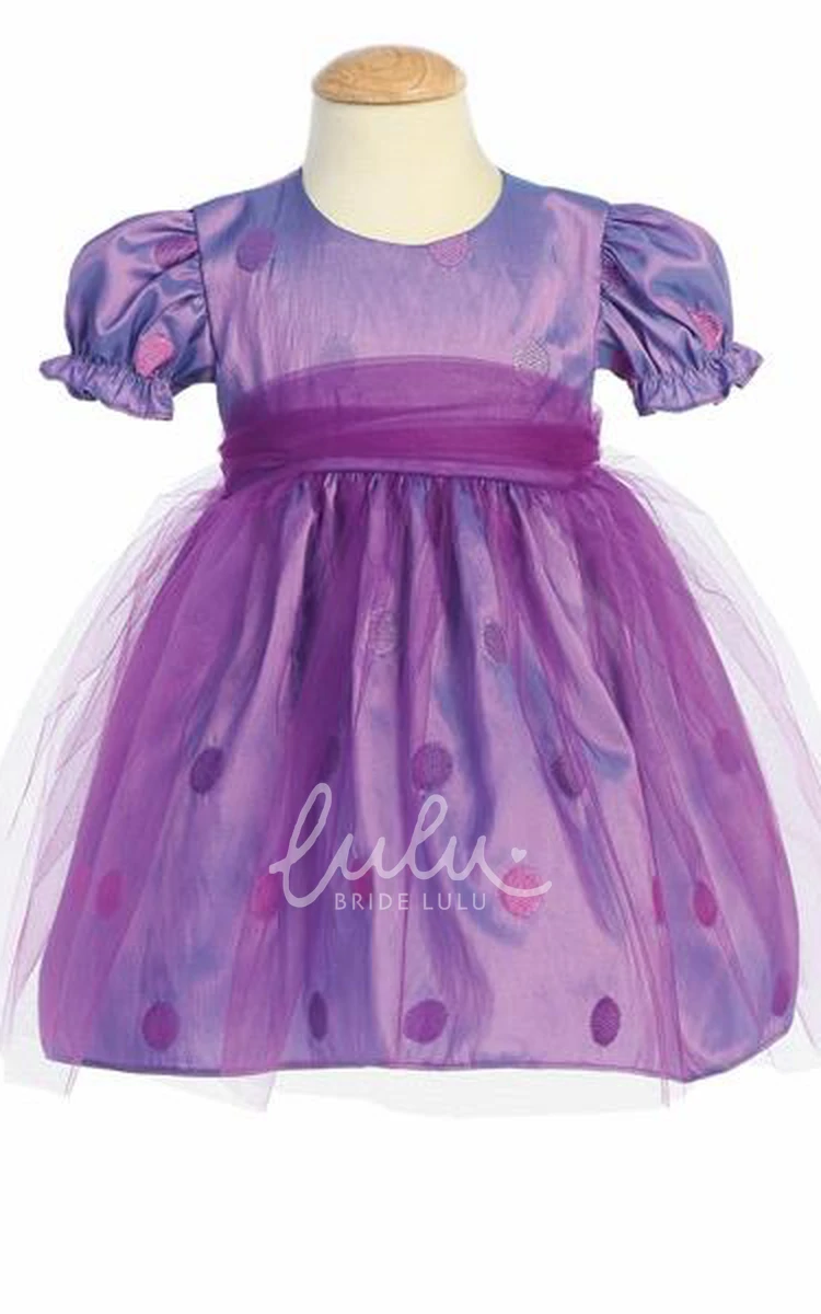 Embroidered Tea-Length Tulle&Taffeta Flower Girl Dress with Bow