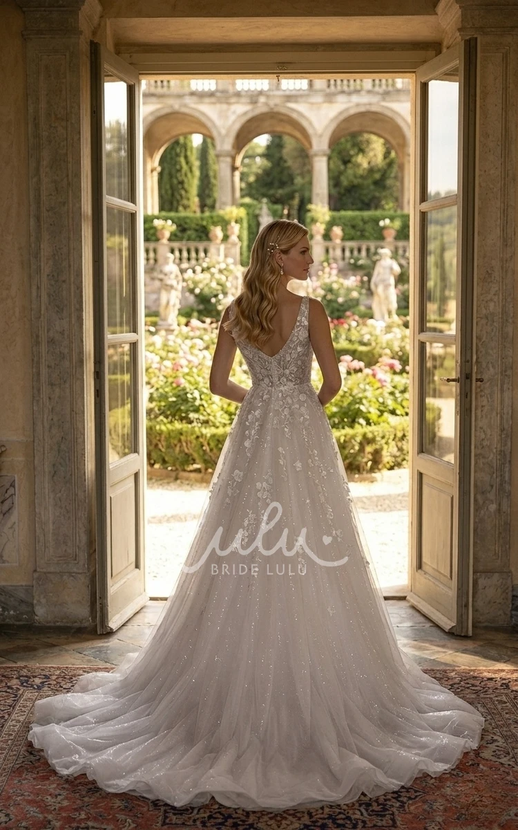 Fairy Elopement A-Line Sleeveless Lace 3D Flowers Glitter Spring Wedding Dress Garden Elegant V-Neck Chapel Train Tulle Bridal Gown