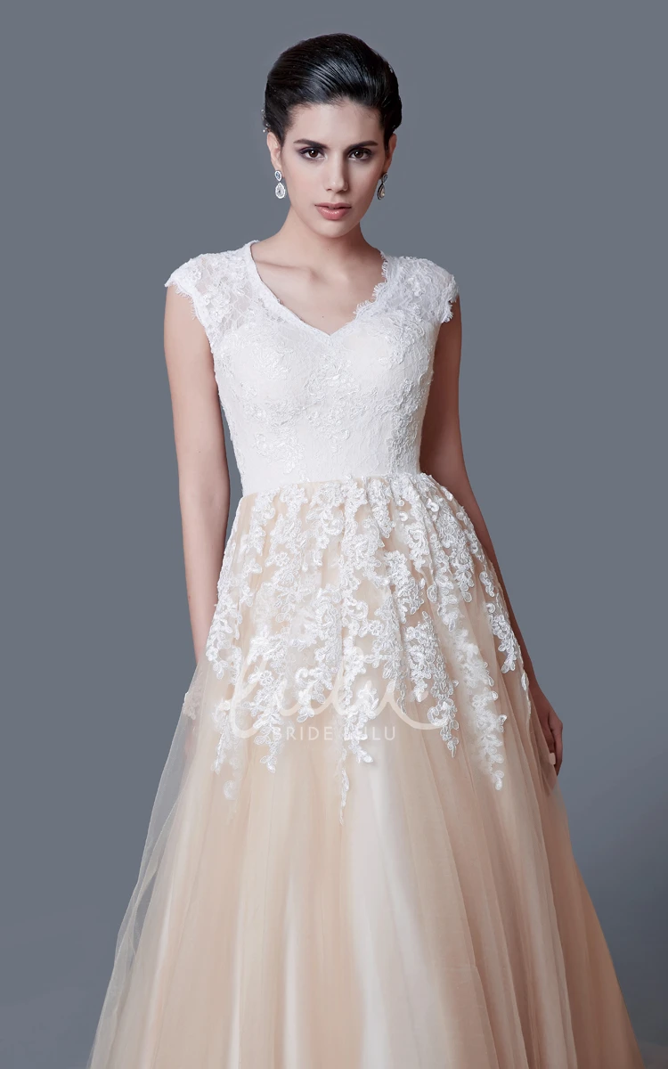 Cap Sleeve Lace Wedding Dress Modest A-Line V-Neck Elegant