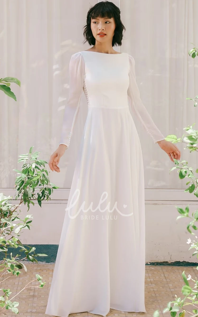 Simple Casual A-Line Long Sleeves Engagement Dress Modest Elegant Romantic Chiffon Floor Length Wedding Gown