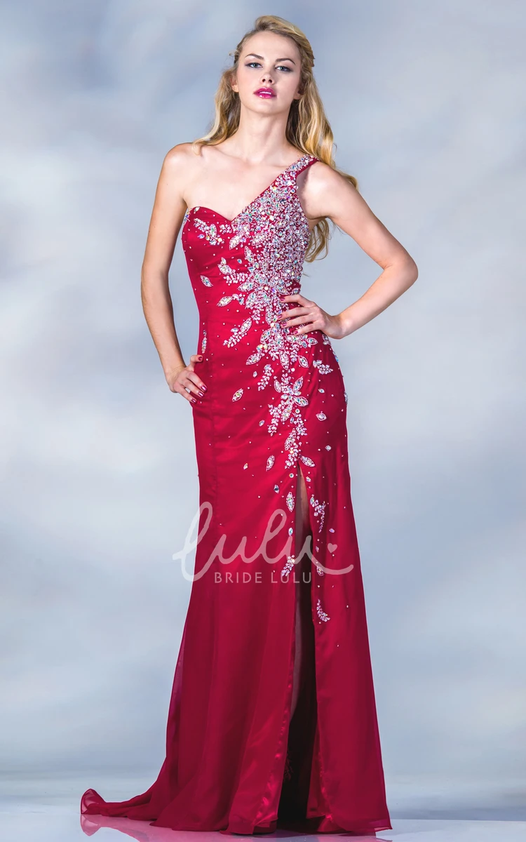 One-Shoulder Sleeveless Dress with Beading and Split Front Sheath Style