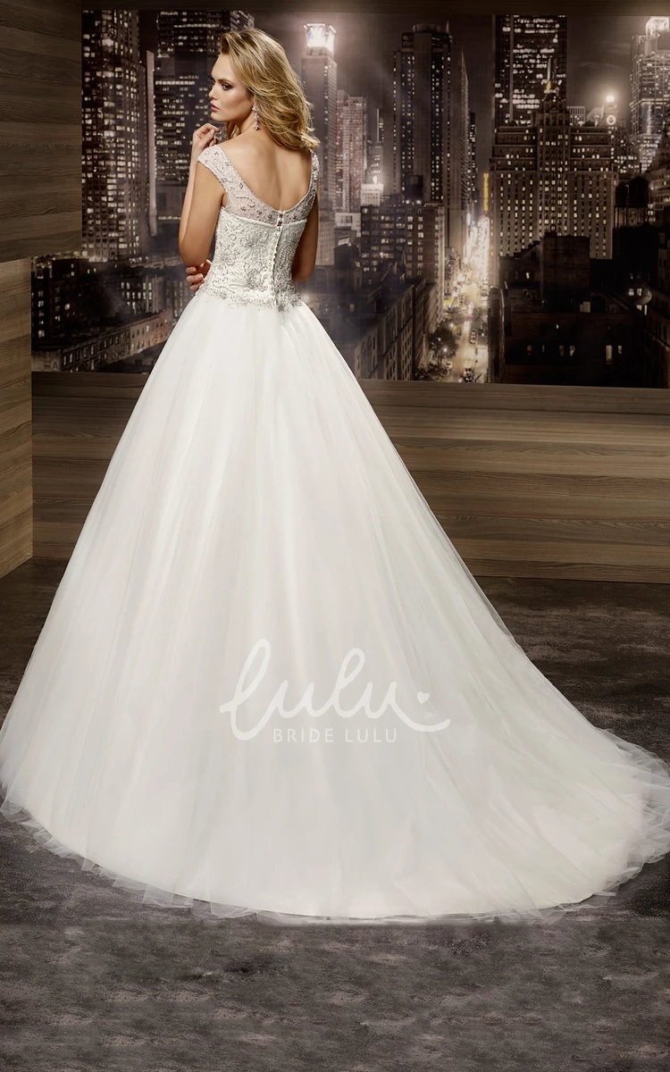 Beaded Cap Sleeve A-Line Wedding Dress with Brush Train