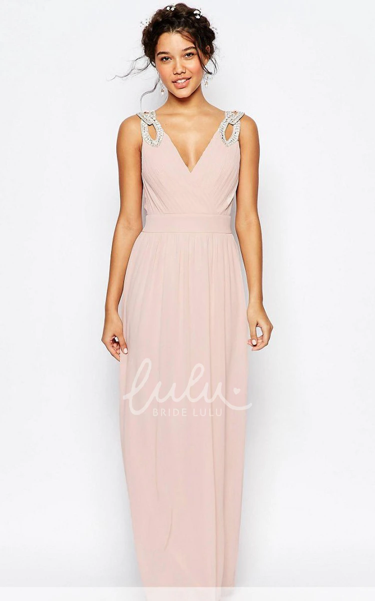 Beaded Chiffon Bridesmaid Dress with Ruching and V-Back Sheath