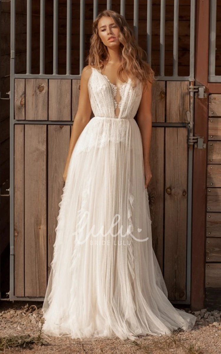 Elegant Plunging Neck Tulle Wedding Dress with Ruching A-Line Wedding Dress