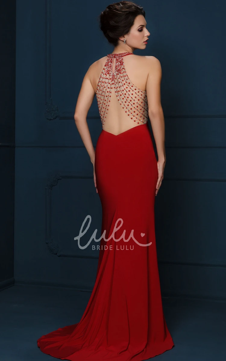 Long Scoop-Neck Sheath Beaded Evening Dress