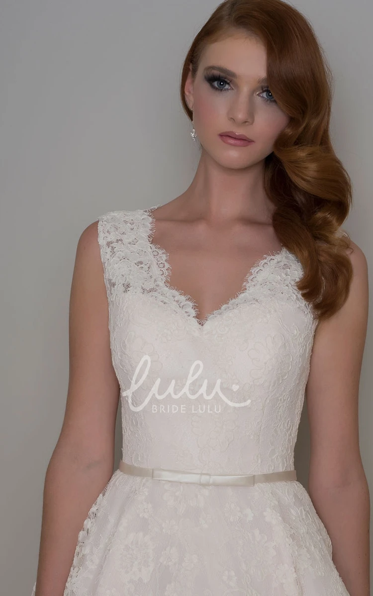 Sleeveless Tea-Length A-Line Lace Wedding Dress with V-Neck for Women