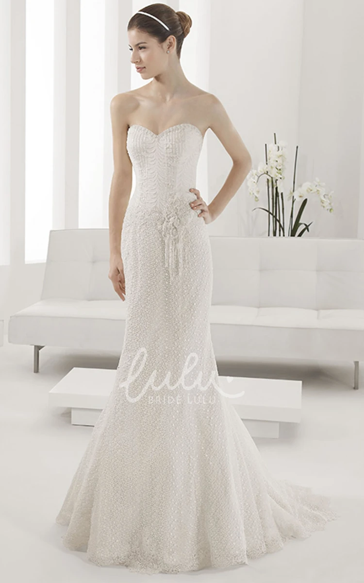 Long Lace Wedding Dress with Sweetheart Neckline Trumpet Skirt and Pearl Bodice