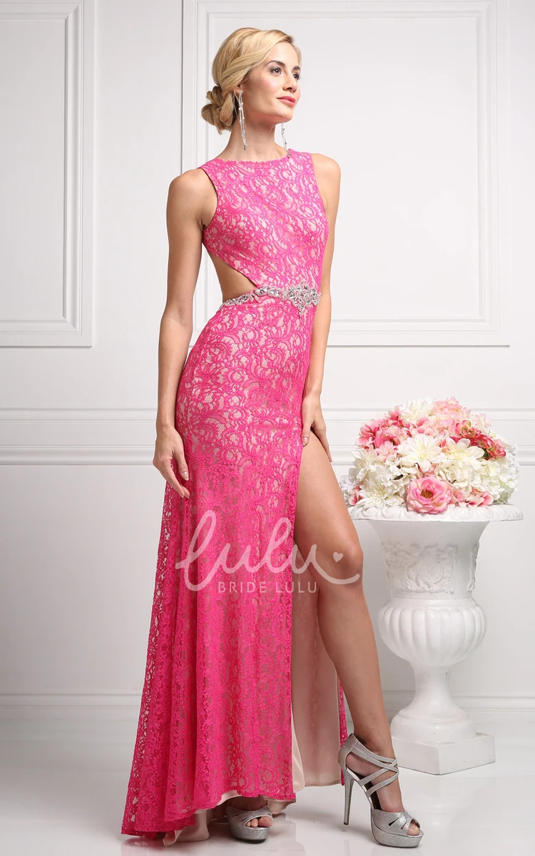 Backless Lace Sheath Jewel-Neck Formal Dress with Front Split and Waist Jewelry