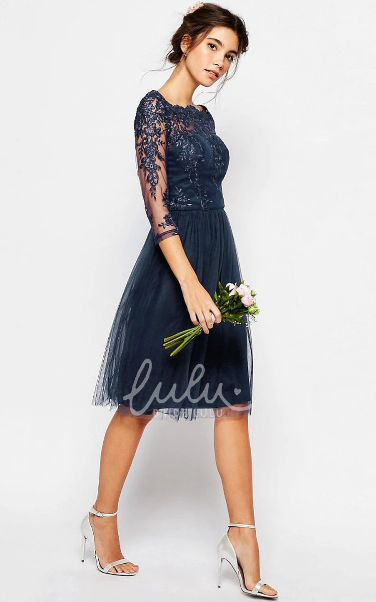 Knee-Length Tulle Bridesmaid Dress with 3-4-Sleeves and Bateau-Neck Illusion