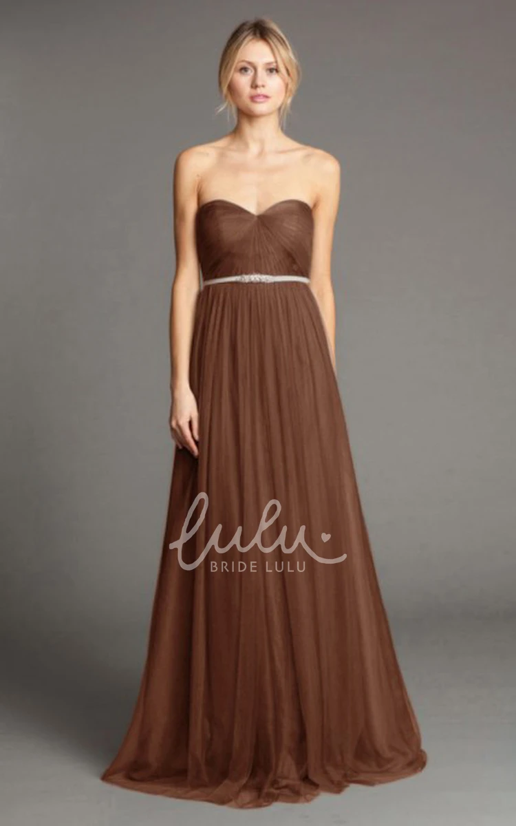 Sweetheart Ruched Tulle Bridesmaid Dress with Waist Jewelry Floor-Length Elegant Dress
