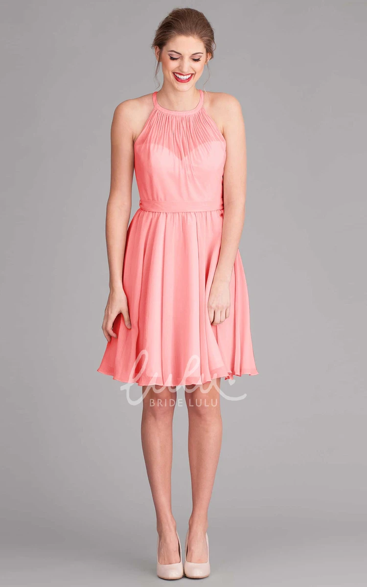 Sleeveless Chiffon Bridesmaid Dress with Scoop Neck Bow and Pleats