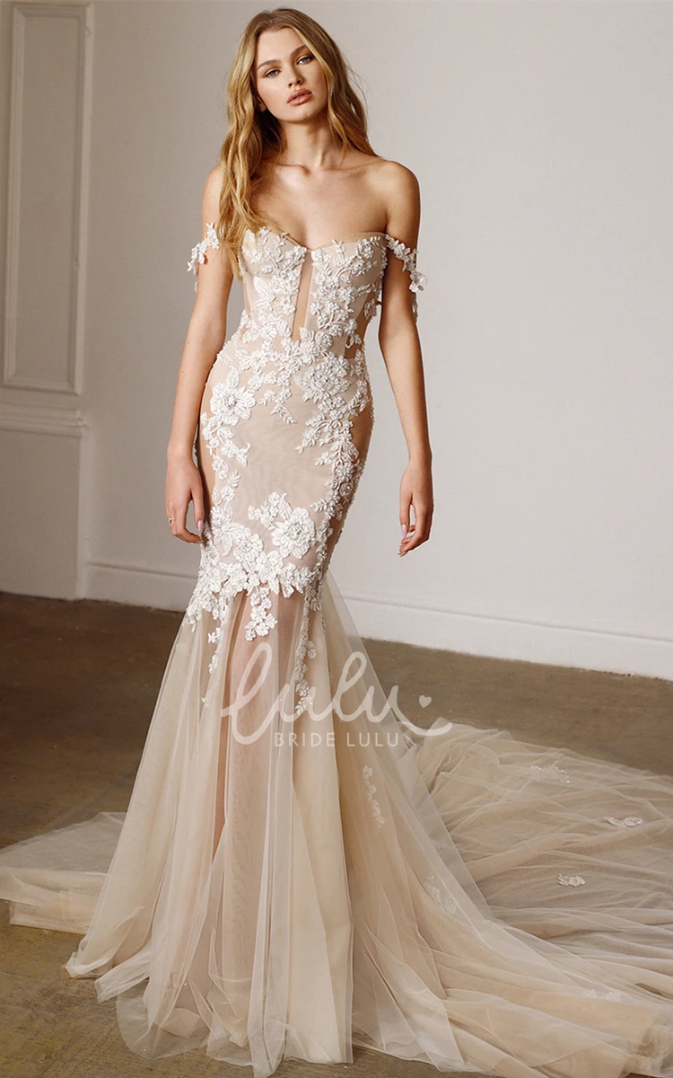 Off-shoulder Tulle Mermaid Wedding Dress with Appliques Ethereal & Elegant