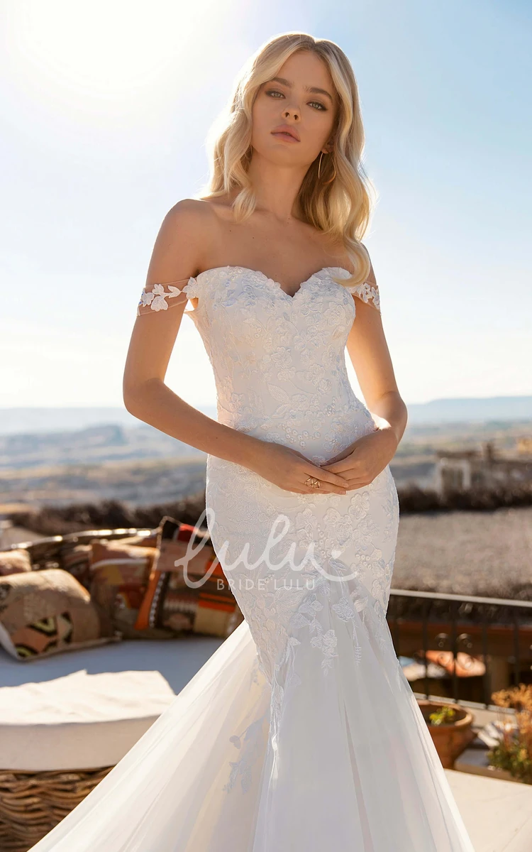 Off-the-shoulder Lace Tulle Mermaid Bridal Gown with Corset Back
