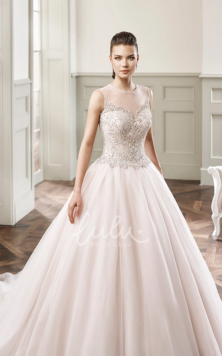 Beaded Scoop-Neck Tulle Ball Gown Wedding Dress Sleeveless Floor-Length Bridal Dress