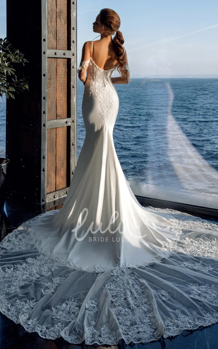Sleeveless Mermaid Satin Wedding Dress with Chapel Train and Appliques Elegant and Glamorous