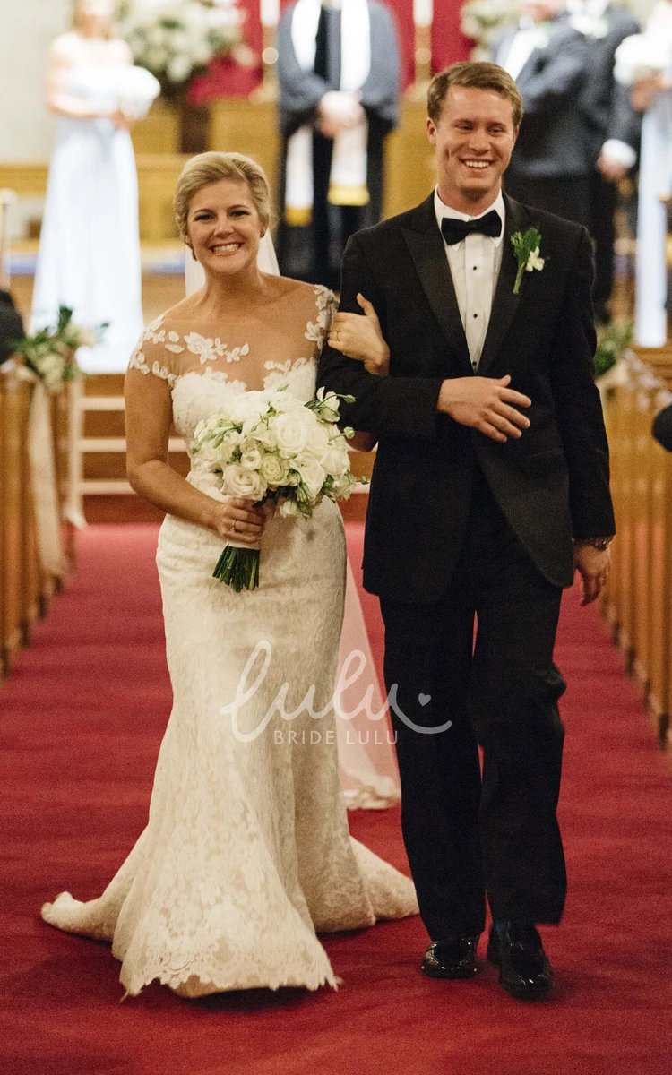 Mermaid Bateau Gown with Empire Waist and Lace Cap Sleeves Floral Appliques Unique Wedding Dress