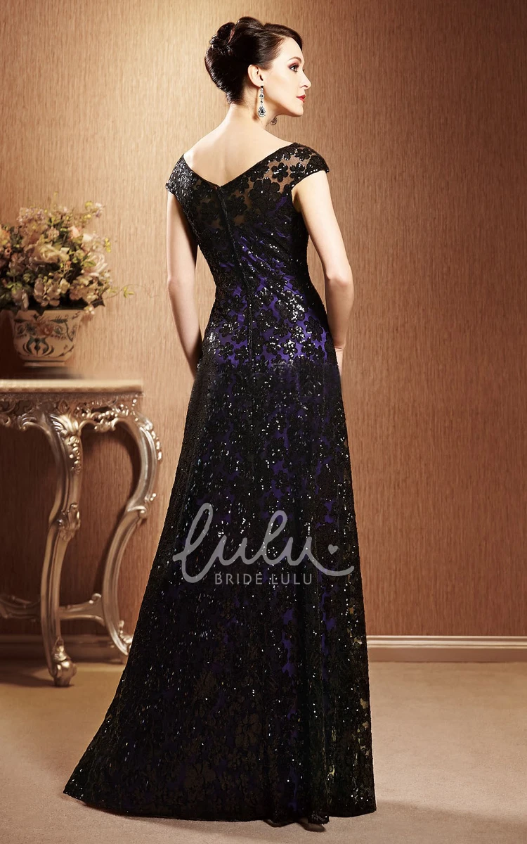 Long Sequin Gown with V-Back Cap-Sleeved
