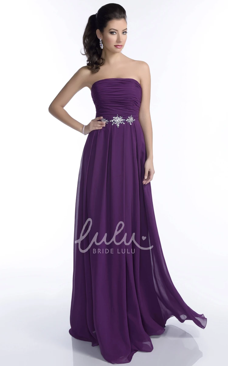 Strapless A-Line Bridesmaid Dress with Ruching and Rhinestones Chiffon