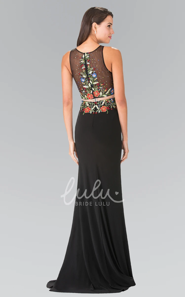 Sleeveless Sheath Jersey Illusion Dress with Embroidery Modern Formal Dress