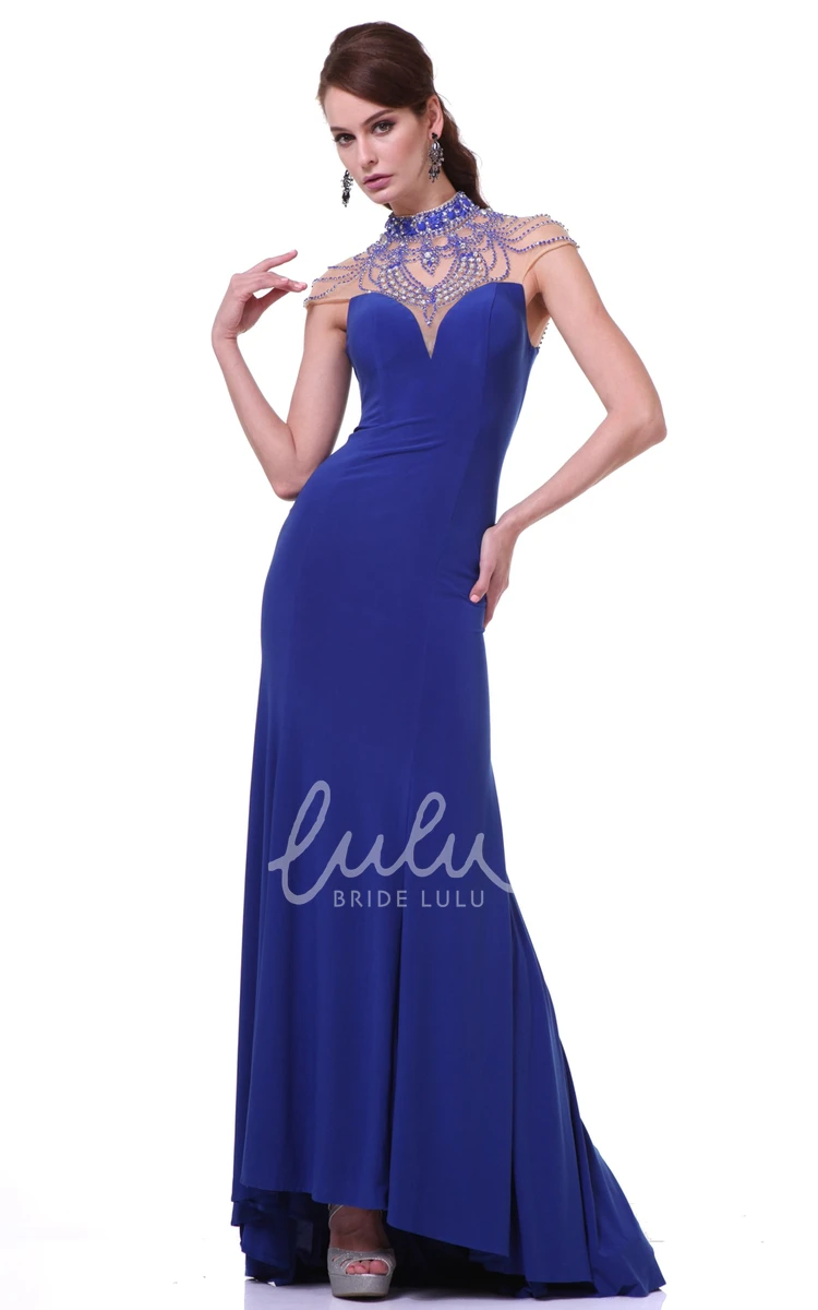 High Neck Cap-Sleeve Jersey Formal Dress With Crystal Detailing Sheath