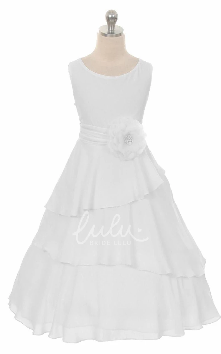 Ruched Chiffon Flower Girl Dress Tea-Length with Floral Print and Sash