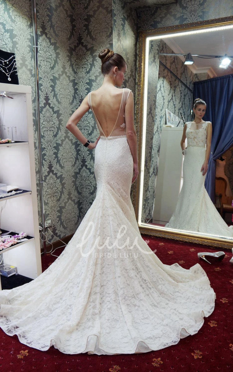 Mermaid Lace Wedding Dress with Beading and Long Train Jewel Neckline