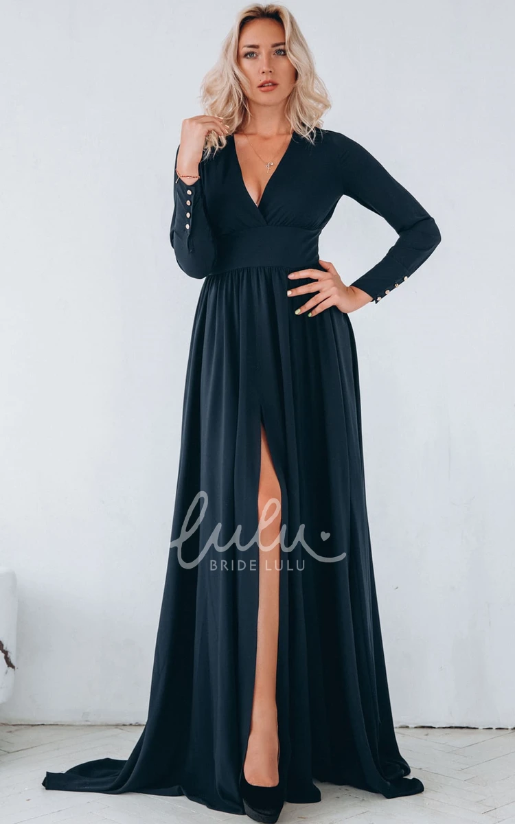 Jersey V-neck Evening Dress with Ruching and Split Front Casual A Line Evening Dress