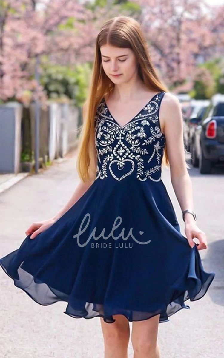 Chiffon V-neck Sleeveless A-line Homecoming Dress with Beading Simple & Elegant