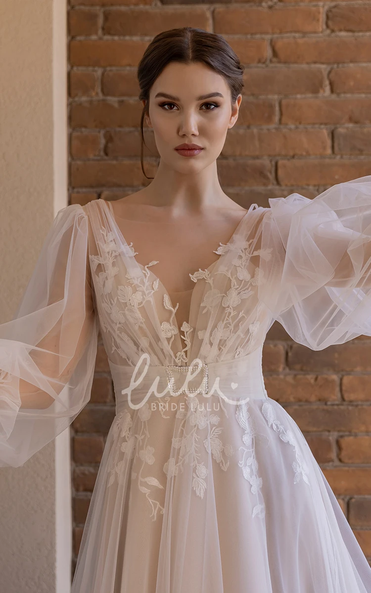 Lace V-neck A-Line Wedding Dress with Appliques Casual and Elegant